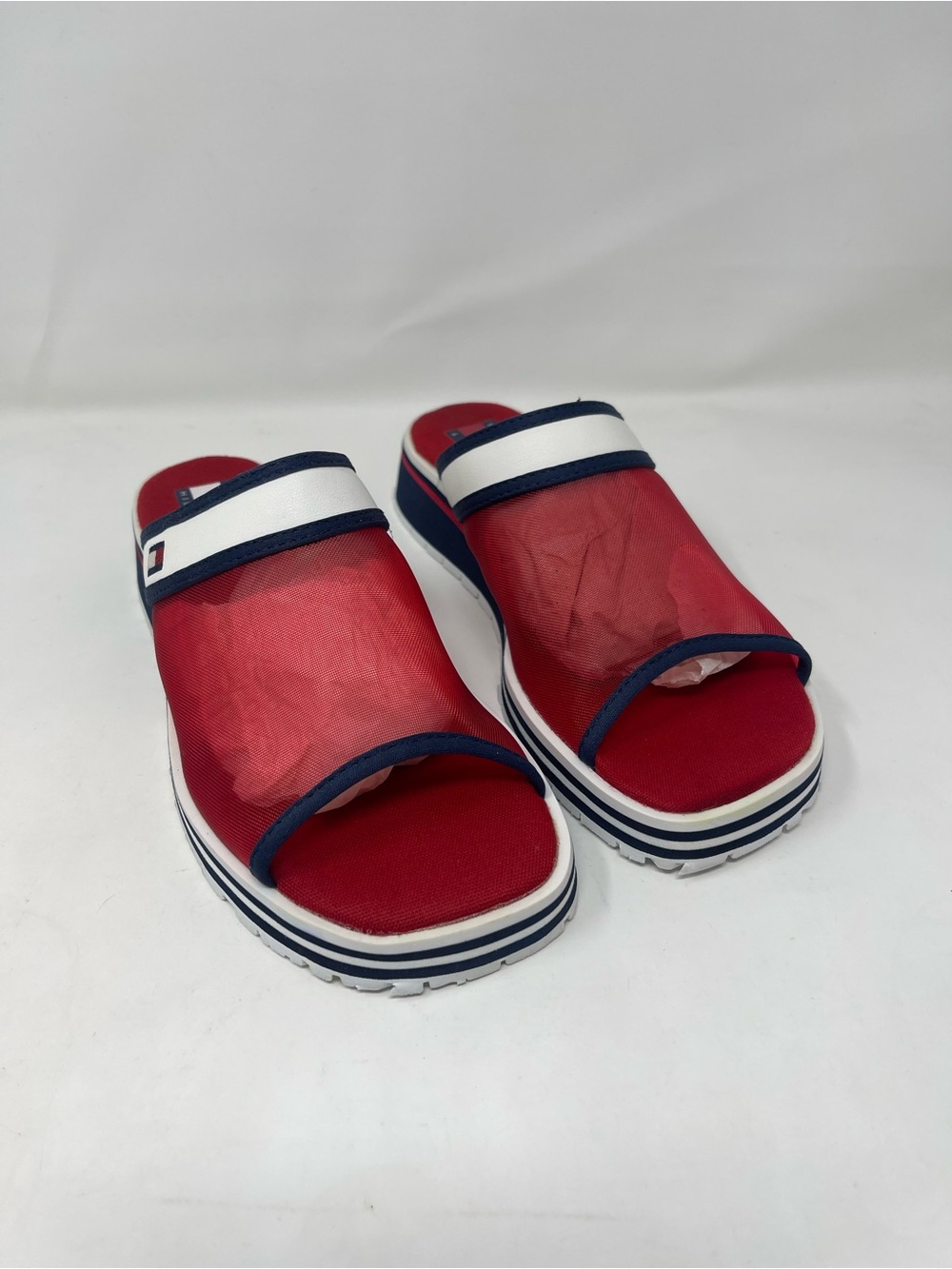Red Mesh Platform Slide Sandals with Navy & White Trim
